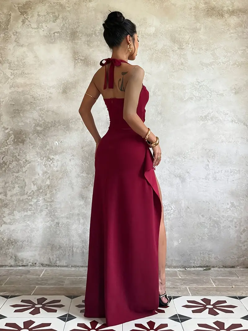 an elegant solid color asymmetrical high slit backless dress - Temu Mauritius an elegant solid color asymmetrical high slit backless dress - Temu Mauritius
