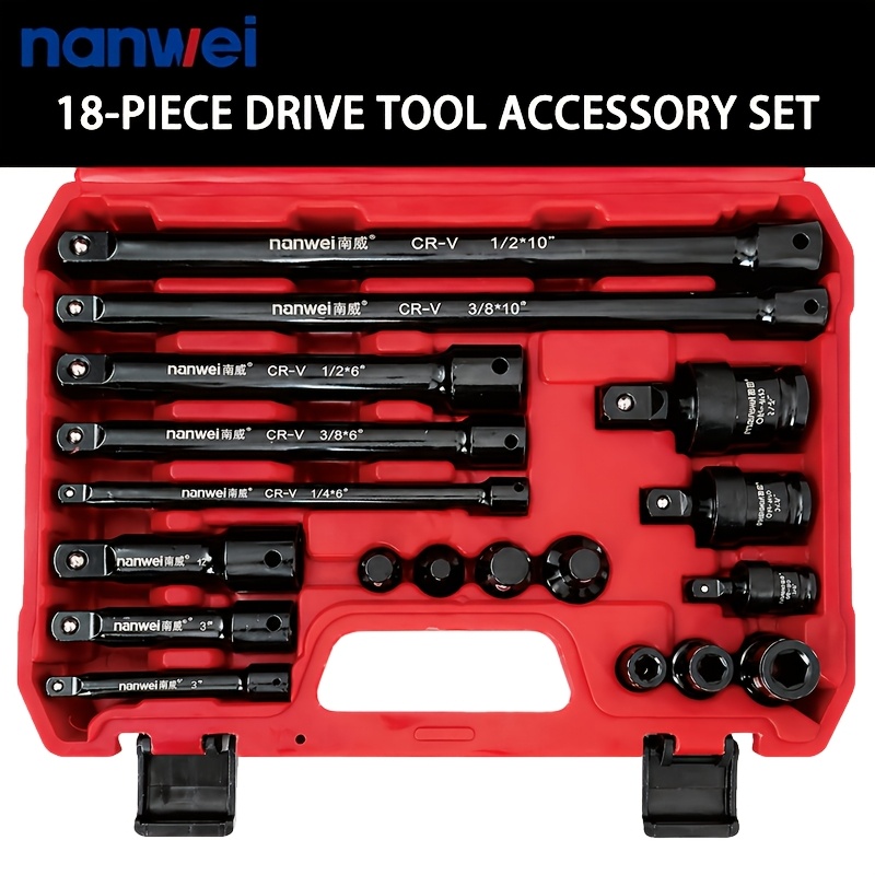 Image of 18pcs Impact Extension Socket Set, Including Extension Bar, Impact Universal Joint, Socket Adapter And Impact Drill Bit Coupler, Steel , 1/4 Inch, 3/8 Inch And 1/2 Inch , A For Daily Use And Gift .