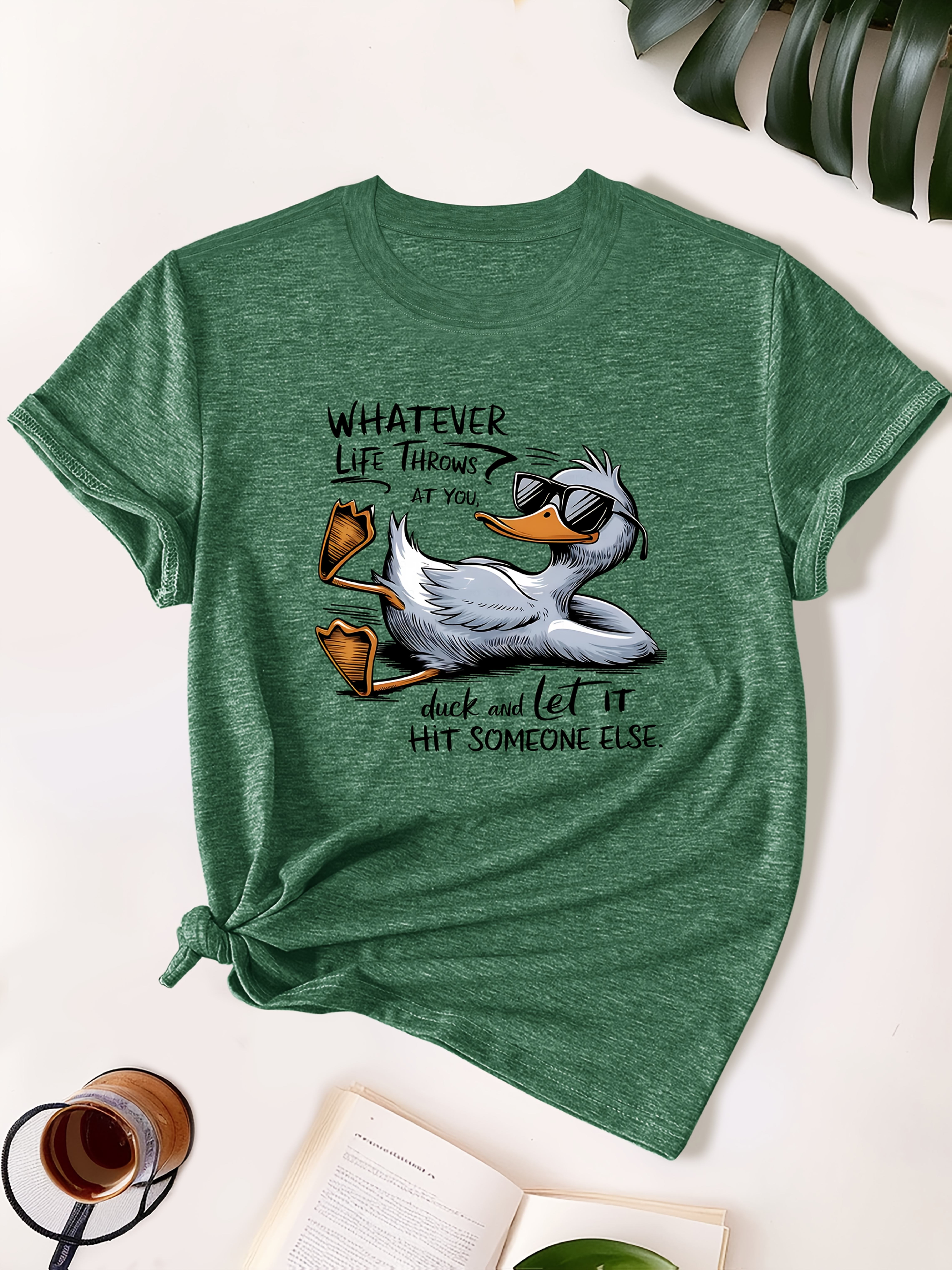 womens olive green casual t shirt with cute duck graphic humorous quote soft breathable fabric relaxed fit round neck short sleeve top for casual attire machine washable ladies t shirts Product details 11