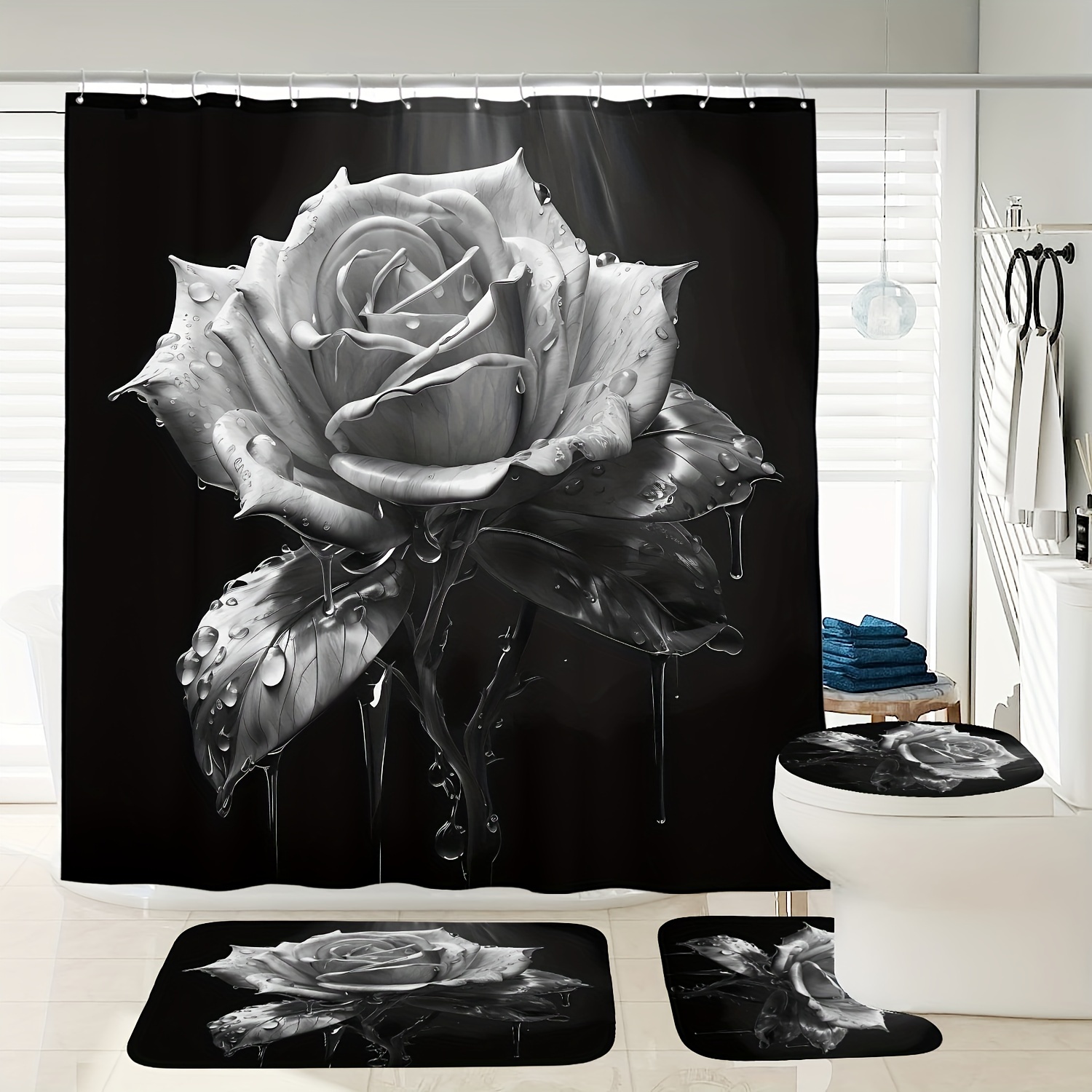

1/3/4pcs Black Rose Pattern Shower Curtain Set, Shower Curtain With 12 Hooks, Non-slip Bath Mat, U-shaped Toilet Mat, Toilet Mat, Bathroom Decor Accessories