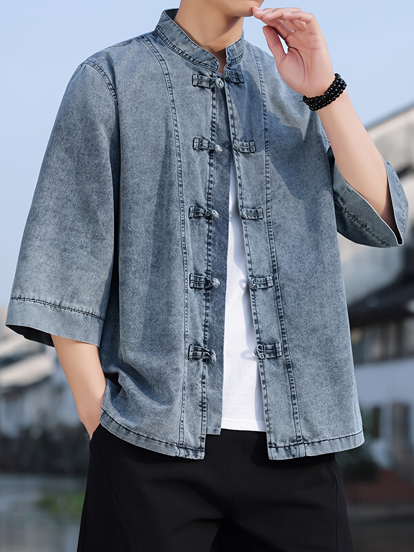 mens vintage denim tang suit shirt loose fit solid color