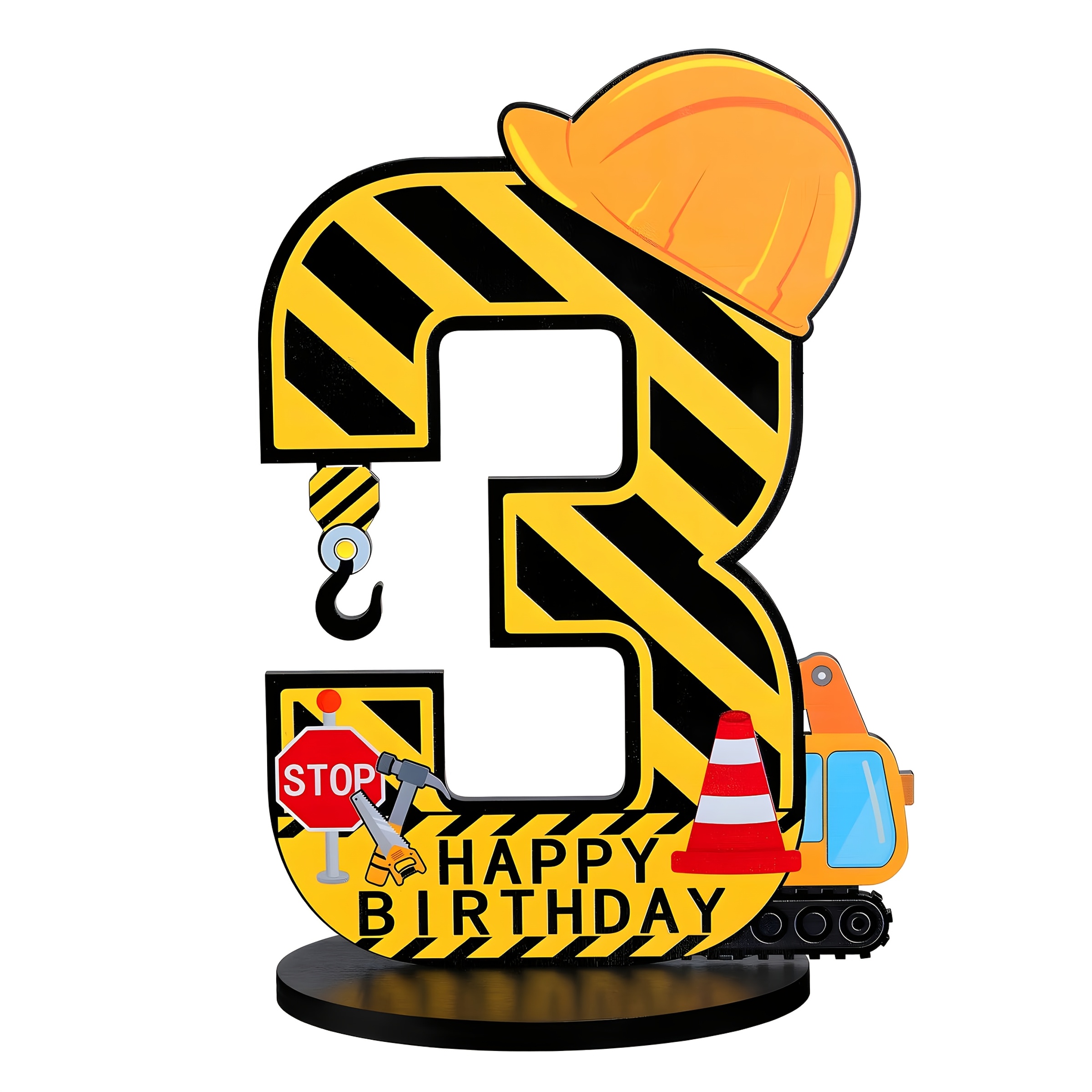 Image of A Centerpiece Decoration For A Third Birthday Featuring A Building Theme, Including A Truck Sign, Party Supplies, And A Wooden Excavator Hat For Halloween Christmas Decoration