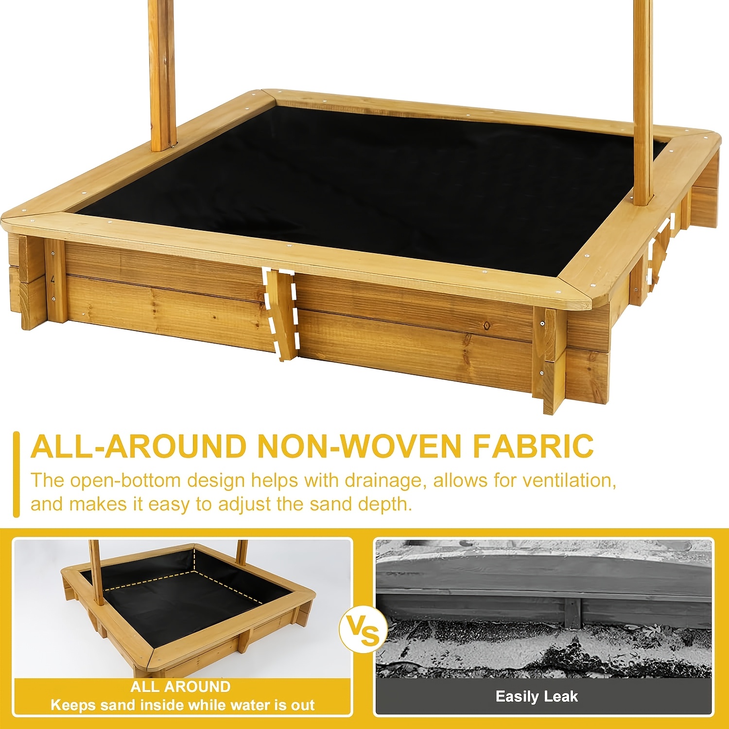 KETIVE Wooden Sandbox With Cover, Outdoor Kids Sand Box With Lid 4 Reinforced Bench Seats & UV-Resistant, Height Adjustable Canopy All-Round Bottom Liner Outdoor For Backyard Beach (45.3'' X 45.3'')