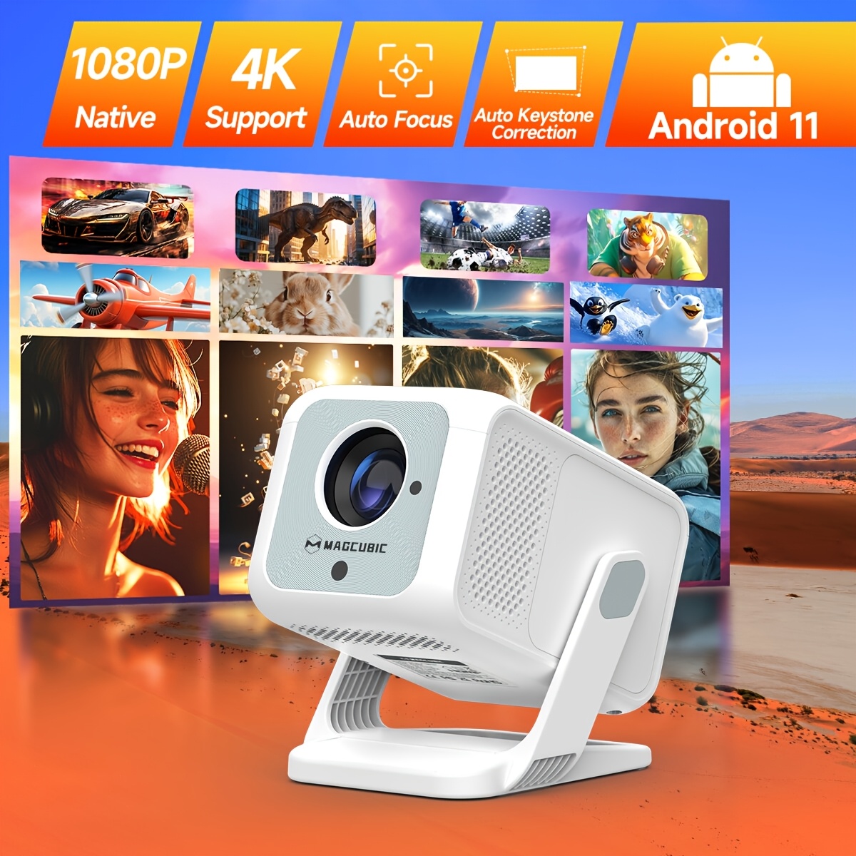 Magcubic Hy310x 11 Projector Compatible For Theater & Office, Native Resolution, 4k Support, Auto Keystone & Focus, Projector Suitable For Smartphones/tablets, Desktop Installation With -power Plug
