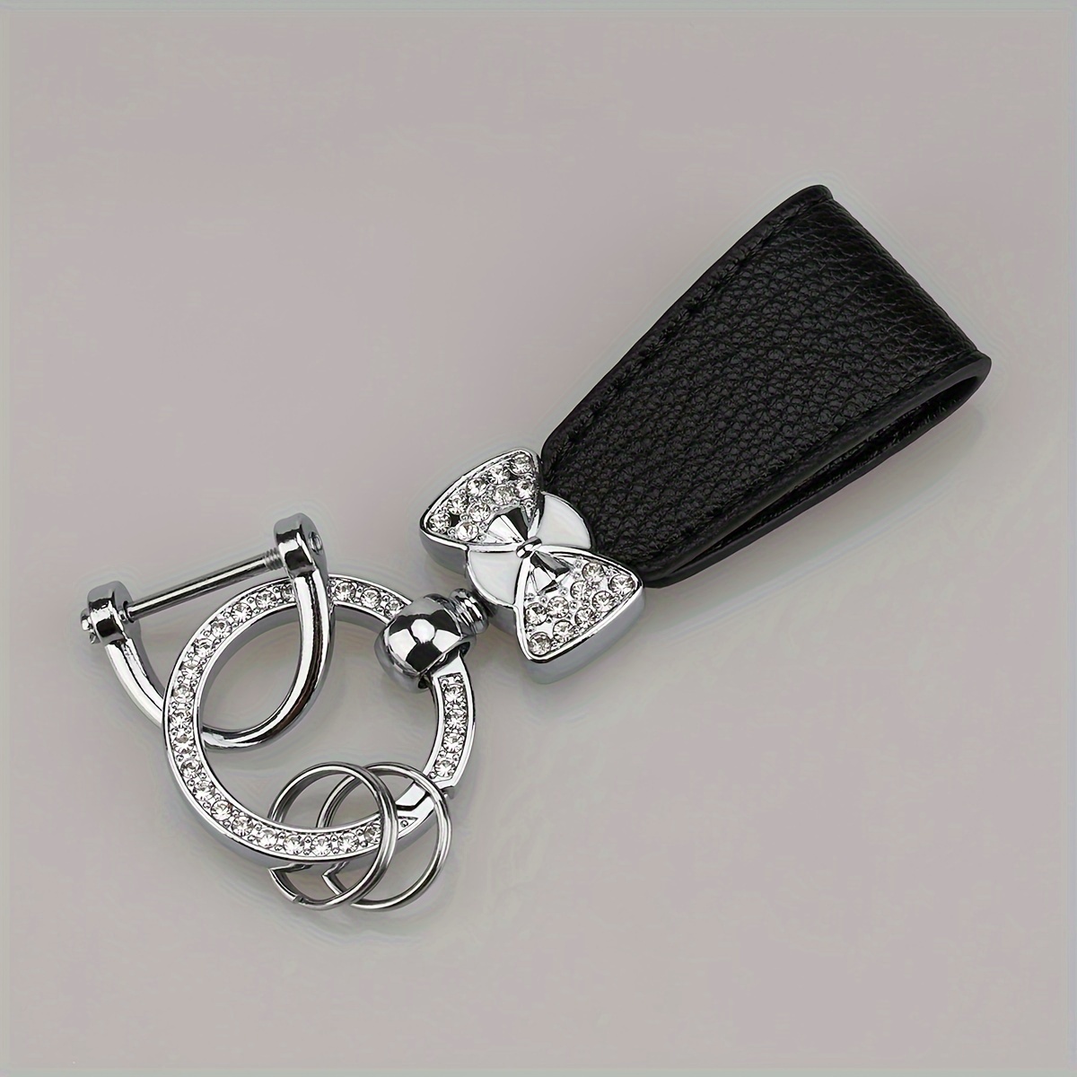 Image of Durable Faux Leather Car Keychain With Stylish Bow - Waterproof, Easy-to-install D-ring Lanyard Charm, For Men And Women, Car Key Holder