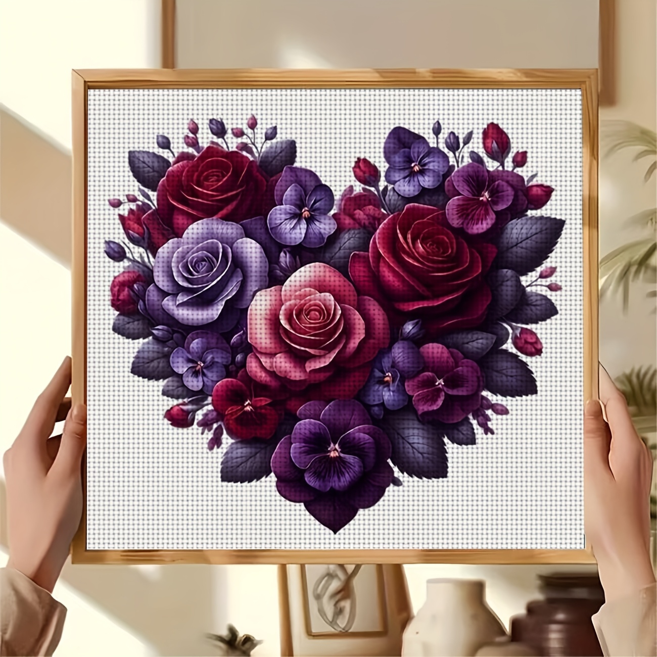 Printed DIY Cross Stitch Kit, Frameless, "Heart-Shaped Purple Flowers" Pattern