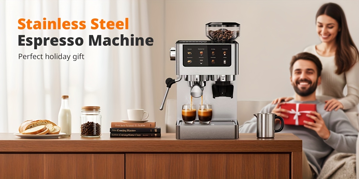 20Bar Italian Espresso Machine, Featuring a Conical Burr Grinder, a Steam Wand for Frothing Milk, a 1.8L Water Reservoir, And a Dual Boiler Heating System, All Made of Stainless Steel. It Can Prepare Cappuccinos, Lattes, Iced Coffee, And Americanos