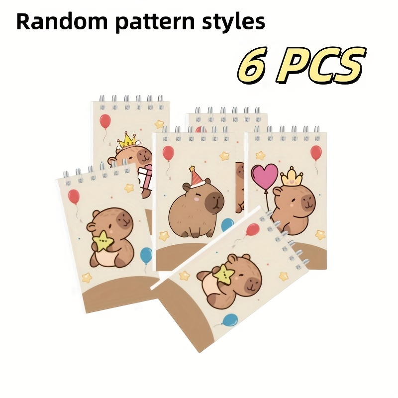 Image of 6pcs Random Pattern Cartoon Capybara Mini Coil Notebooks - Retro Capybara Theme, Paper, Tear-off Pages, Birthday Party Gift, Classroom Rewards, Office Giveaway Filler, Memo Pad, Fun Design