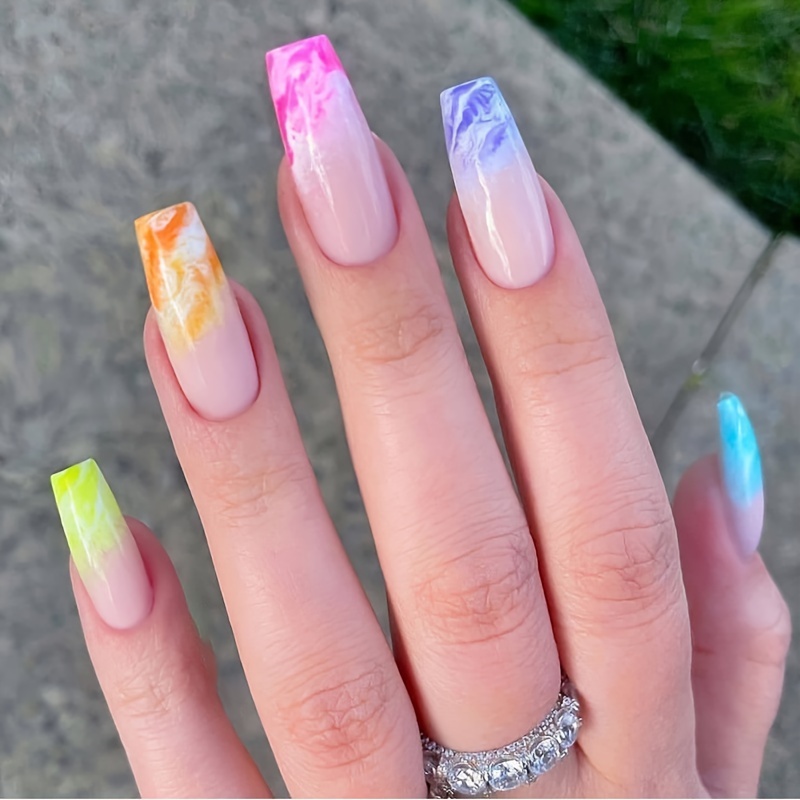 

24pcs Long Coffin Press On Nails, Gradient Rainbow Color Marble Pattern Design Fake Nails, Multicolor Fake Nail Tips, Acrylic Style, Full Cover Manicure Nail Art Set For Women