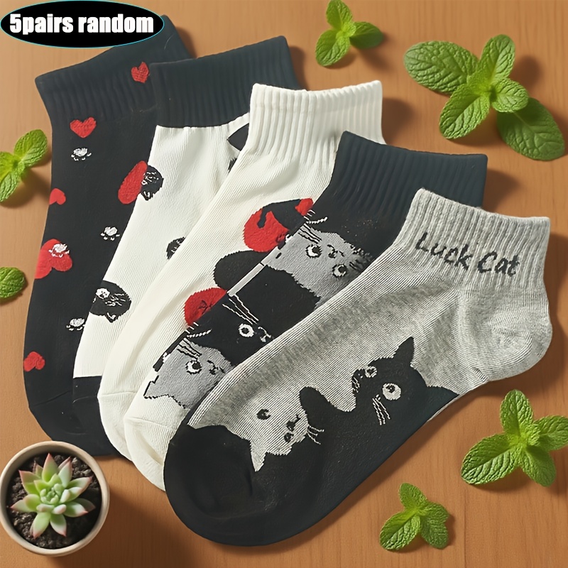 E-shop 5 Paar Damen Socken mit zufälliger Farbe, niedliche Katzenmuster - Stilvolle und schlichte Socken mit Katzenmuster für Frühling und Herbst, für