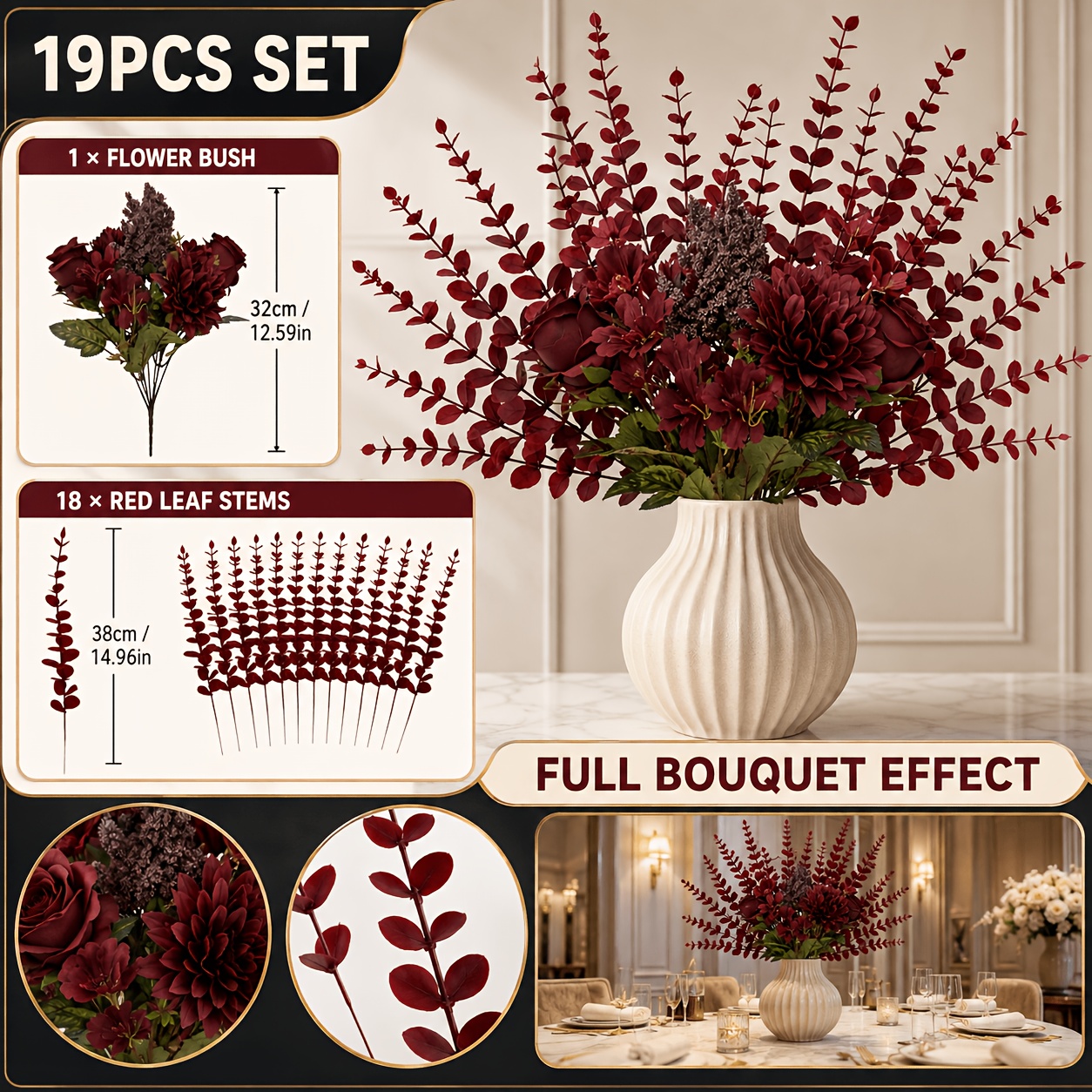 TEMU A Set Of 19 High-quality, And Elegant Artificial Burgundy-colored Floral Diy Pieces. Vintage Burgundy-colored Artificial Flowers, Including