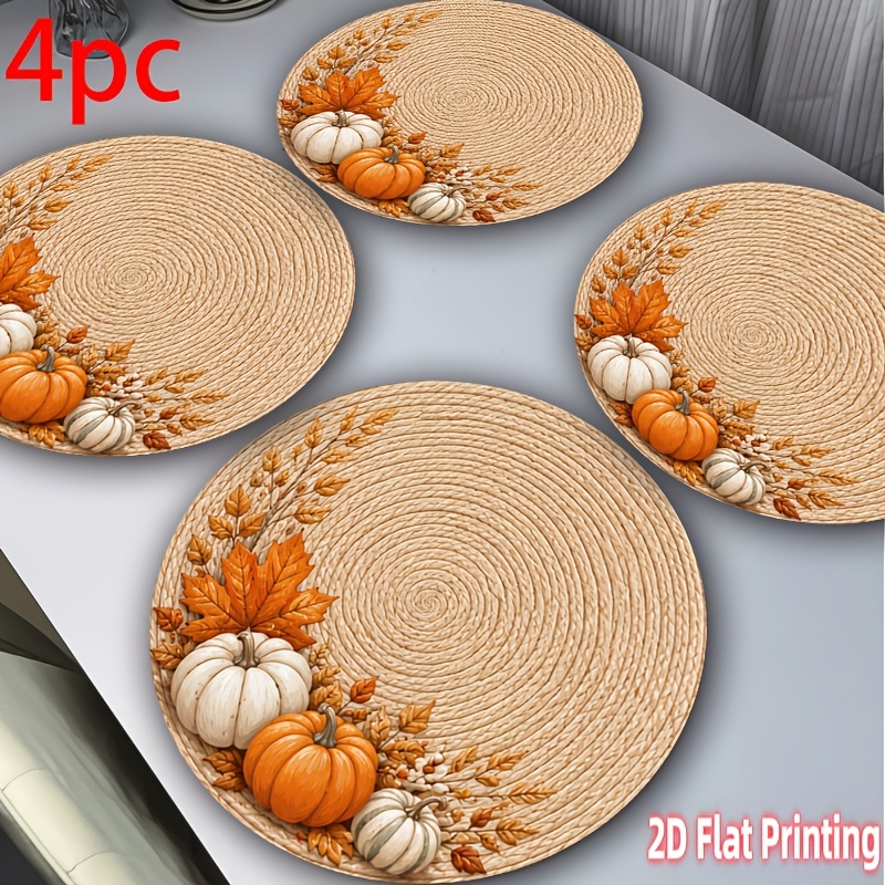 TEMU 2d Flat Country Style Pumpkin Leaf Orange Round Placemats, Suitable For Parties, Family Dining, Themed Restaurants, Halloween, And Christmas