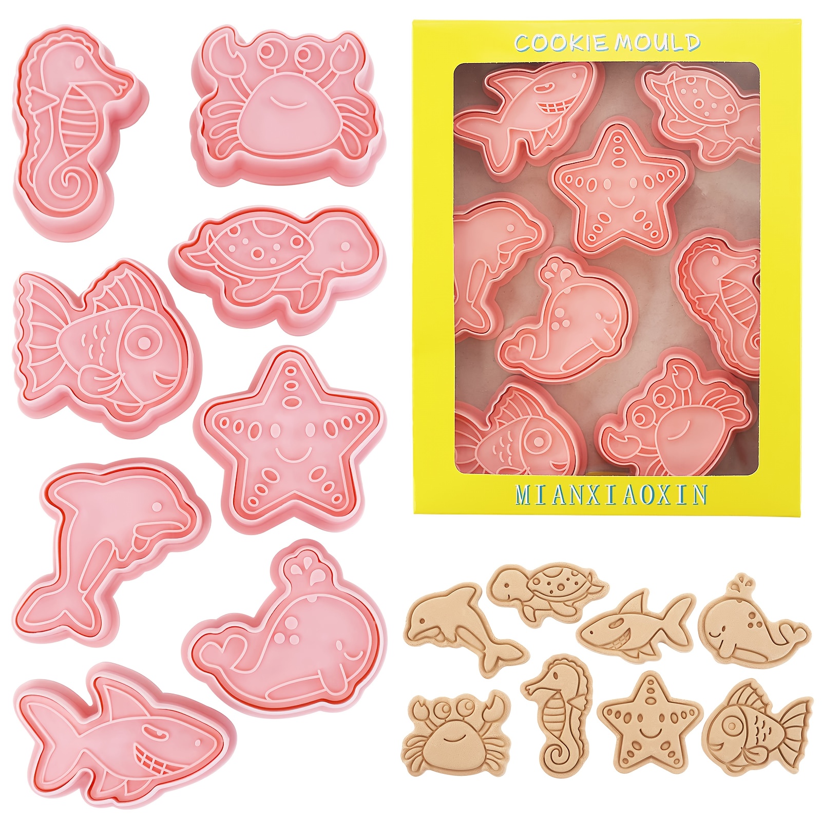 Image of 8pcs Ocean Animal Cookie Cutter With Plunger Stamps Set Fish, Dolphin, Starfish Plastic Biscuit Cutters, Sea Themed Diy Embossing Cutter For Biscuit Cookie Fondant Cheese Baking