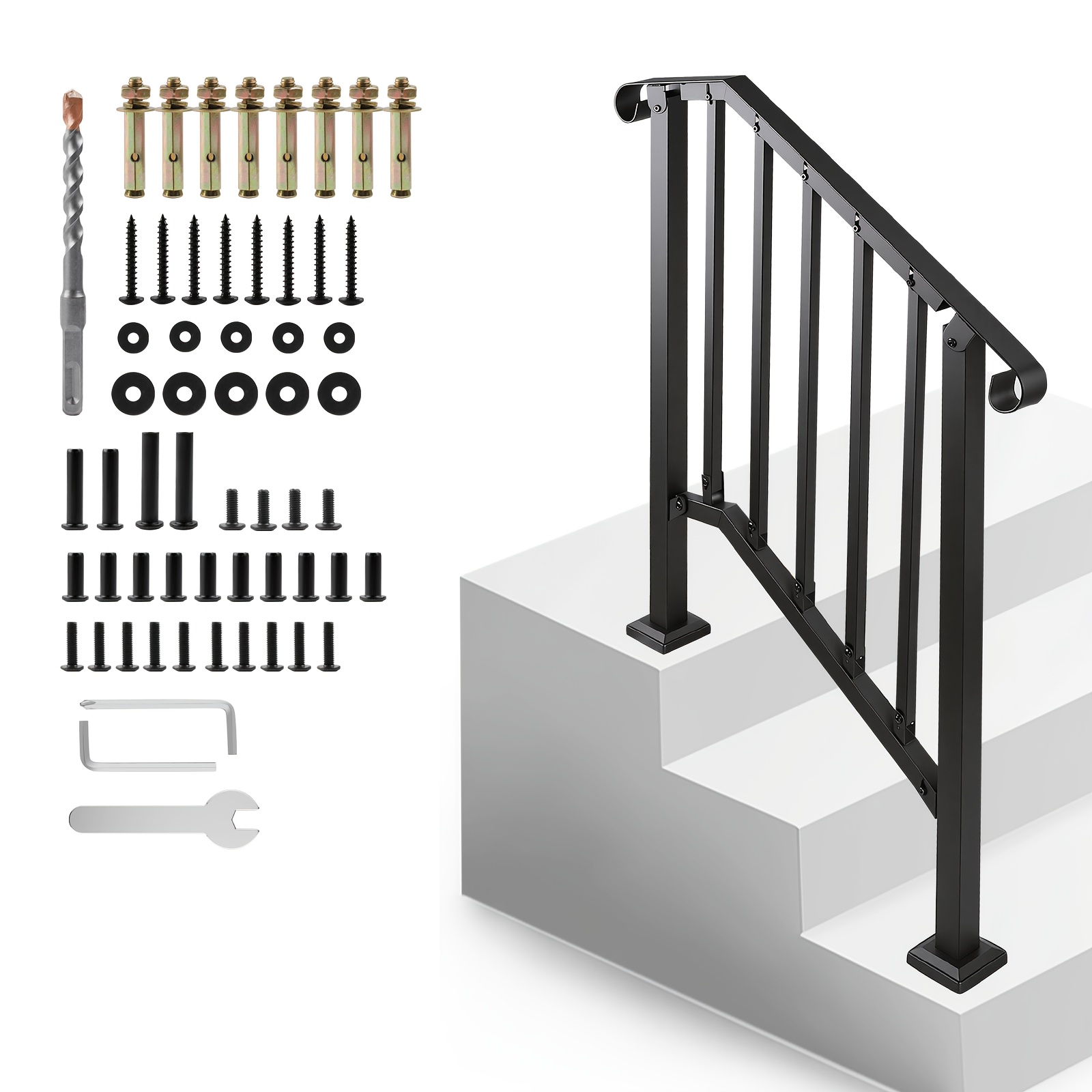 TEMU Black Wrought Iron Outdoor Step Handrail, Fits 3-, Decorative & Sturdy Stair Railing With Kit For Concrete & Wooden Stairs