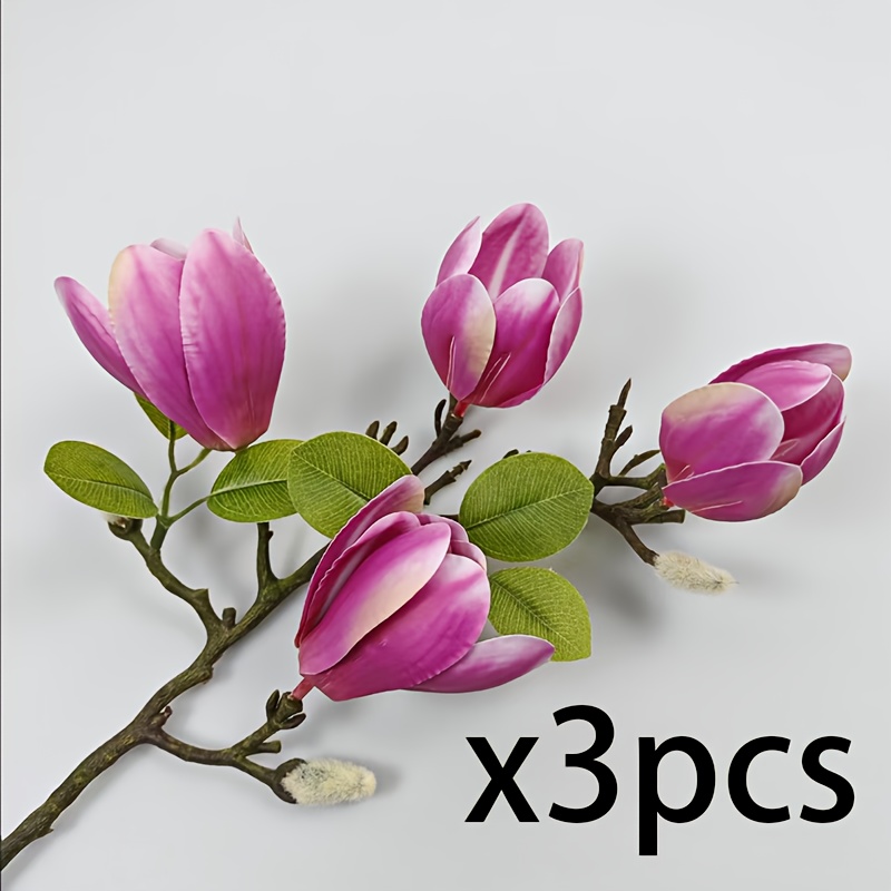Set Of 3 Fake Magnolia - A Combination Of Pink, Purple, Yellow, Green, And Magenta, Life-like Stems For Home Vases, Weddings, Table Arrangements, Valentine's Day, Easter, Mother's Day, Halloween Decor