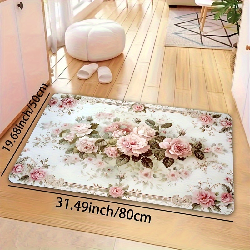 TEMU 1pc, Vintage Floral Area Rug, 8mm Thick, Machine Washable, Rectangular, Polyester With Pvc Backing, For Entryway, Bedroom, Living Room, Kitchen Floor Decor