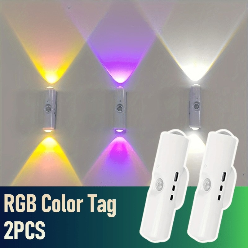 2-pack Magnetic Induction Led Night Lights, Rechargeable Rgb Or Tricolor Wall Lamps, Adjustable Brightness, , Suitable For Bedroom, Closet, Hallway, Staircase, And Home Ambient Lighting