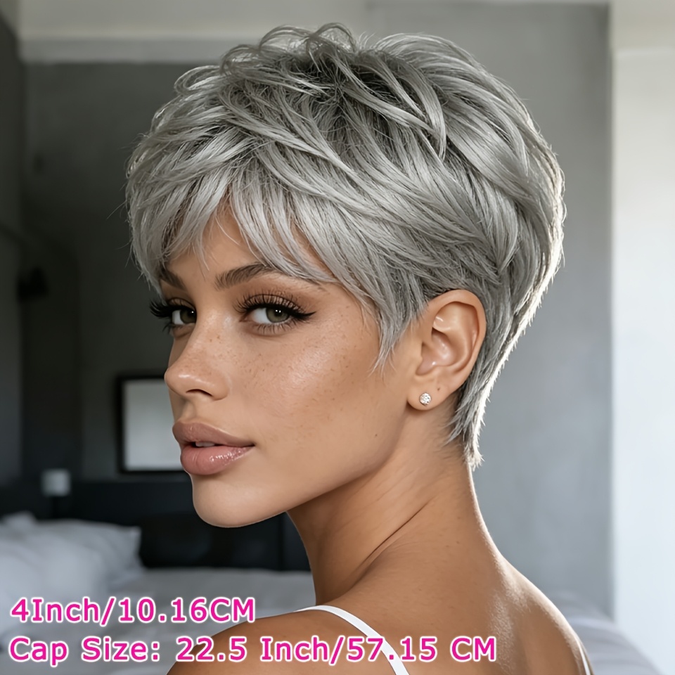 Image of Women' Short Gray Human Hair Wig With Bangs - Peruvian Hair Cut, Suitable For , Machine-made Straight Wig For Daily Wear, Parties & Holiday Events, Density & Volume For Bald Or Thinning Hair