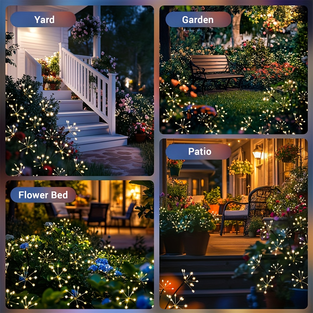 solar firework light solar garden lights with 8 lighting   ip65 waterproof lighted holiday displays christmas halloween garden decor for lawn patio   party camping decoration solar garden ornaments christmas light   christmas decorations solar light with panel garden solar light halloween   garden decor solar light garden pathway lighting patio accent lighting firework solar light holiday solar display Product details 1