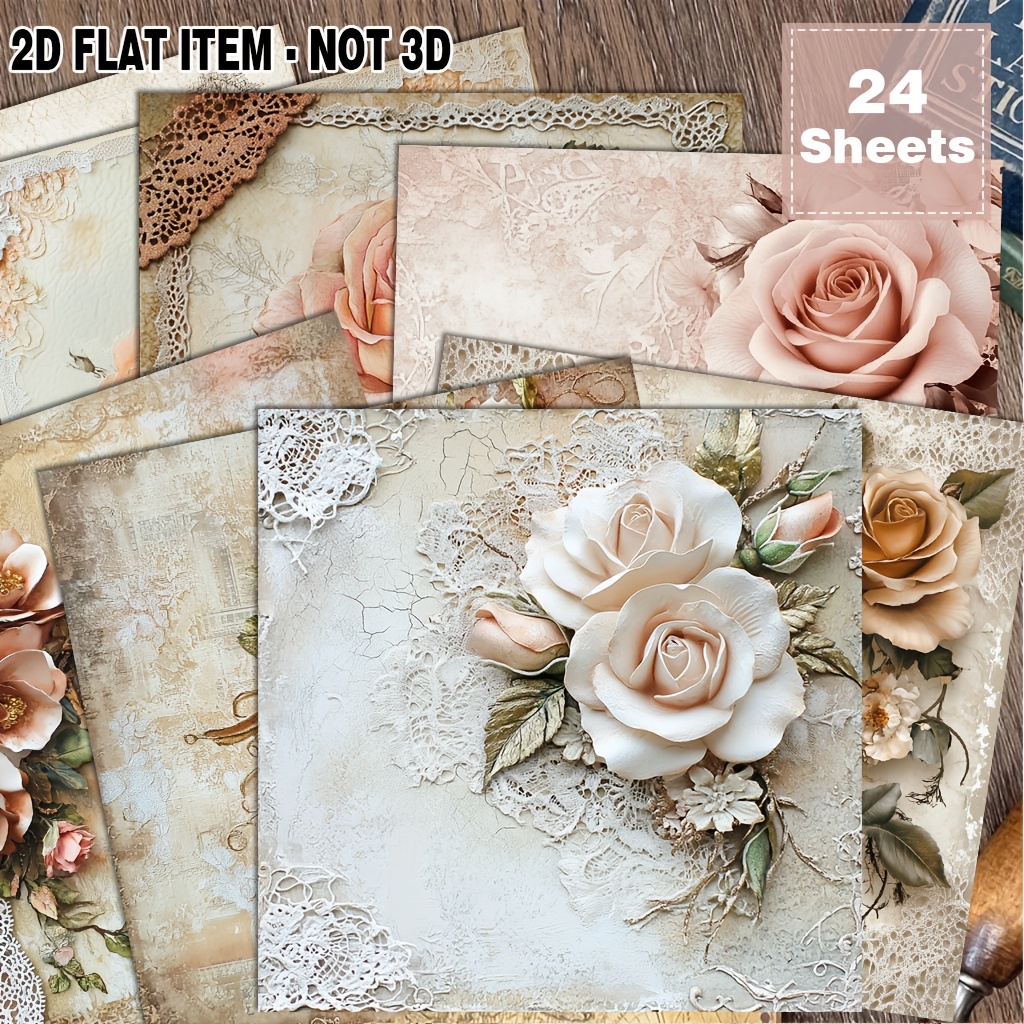 TEMU 2d Flat 24 Sheets Vintage Pastoral Rose Floral Paper, Lace Distressed Paper, Nostalgic Collage Aesthetic. Suitable For Collage, Decorative Paper