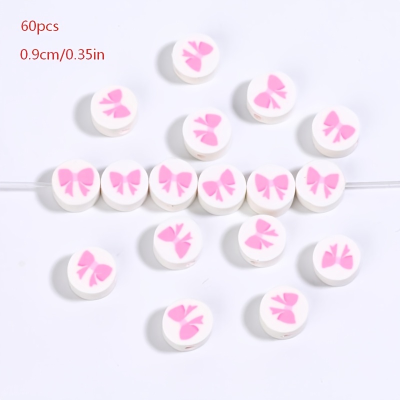 TEMU 60pcs 9mm Pink Bow Beads Suitable For Bracelet & Necklace Making, Flat Round Polymer Clay Beads With Bow Pattern, Diy Craft Gift For &, Cute