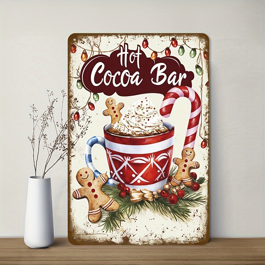 

1pc Metal Hot Cocoa Bar Sign - Vintage Christmas Tin Wall Art Decor For Farmhouse, Home, Bathroom, Garage, Cafe - Weatherproof Multipurpose Mounted Sign, English, 8x12 Inches