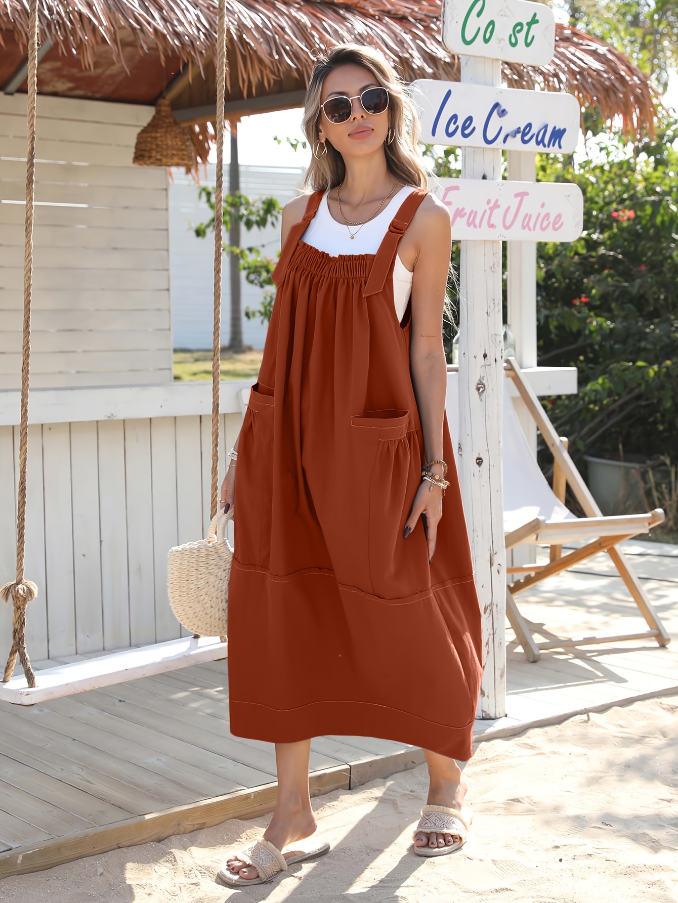 red overall dress womens Inspire Chic Plaid Overall Dress for Women's Vintage Sleeveless A-Line Pinafore Dress L Red Green, Size: Large