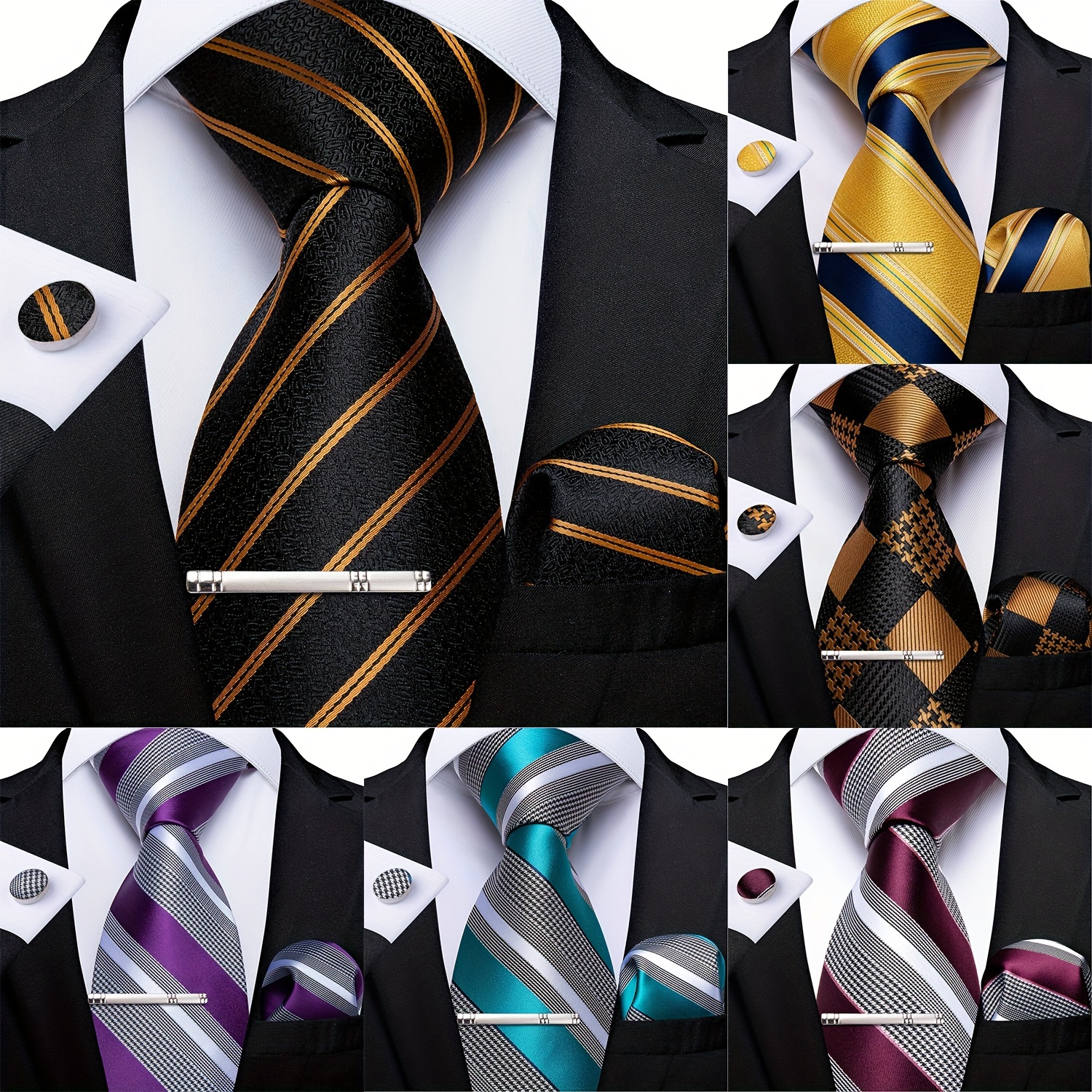 

Men's Ties Designer Blue Silver Silk Striped Wedding Ties Necktie Cufflink Clip Set, Father's Day Gift