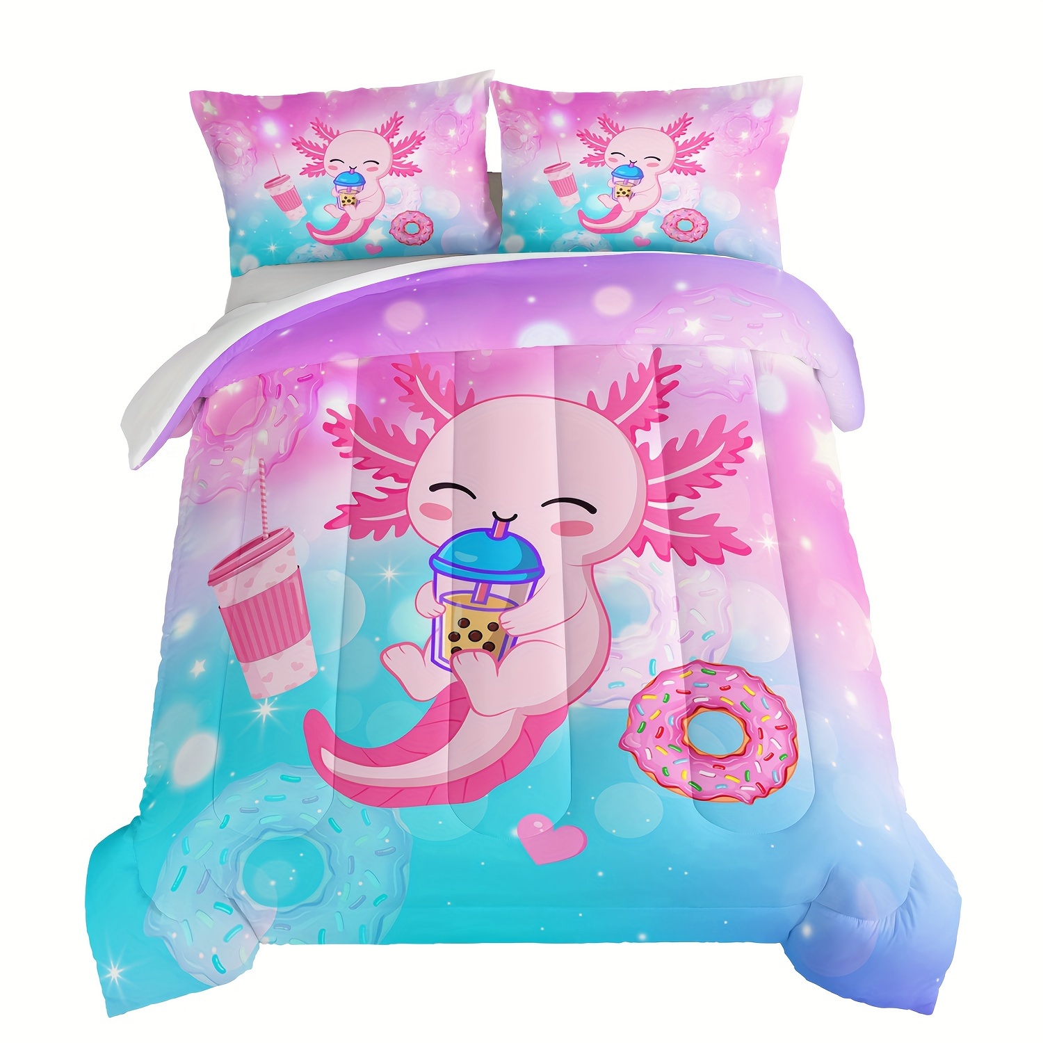 

3pcs Fashion Comforter Set (1 * Comforter + 2 * Pillowcases, No Core), Cute Salamander Dessert Milk Tea Print Bedding Set, Soft And Comfortable Skin-friendly For Bedroom, Guest Room