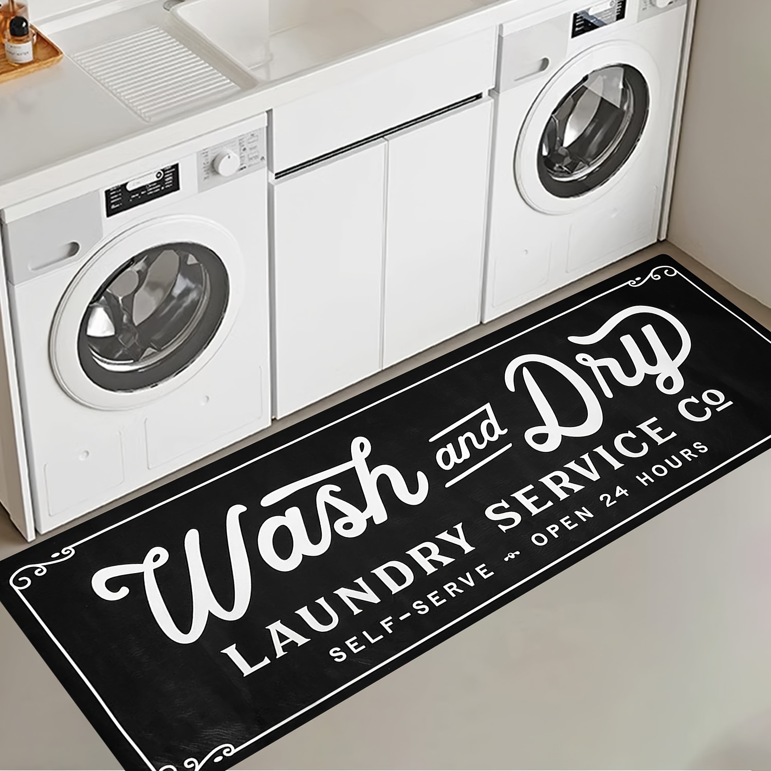 

1pc Laundry Service Co Decorative Carpet, Black English Machine Washable Mat, Soft And Comfortable - Perfect For Laundry Room, Corridor, Entrance, Kitchen Decoration