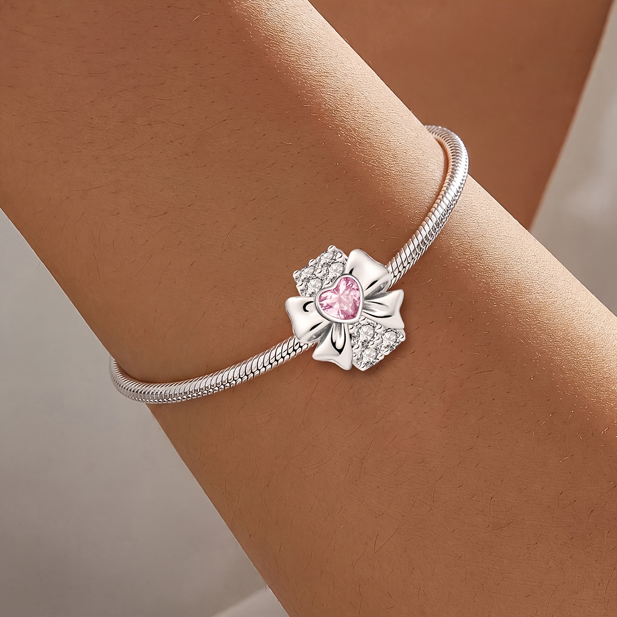 Women's 925 Silver Plated Heart Bow DIY Pendant Charm Bracelet