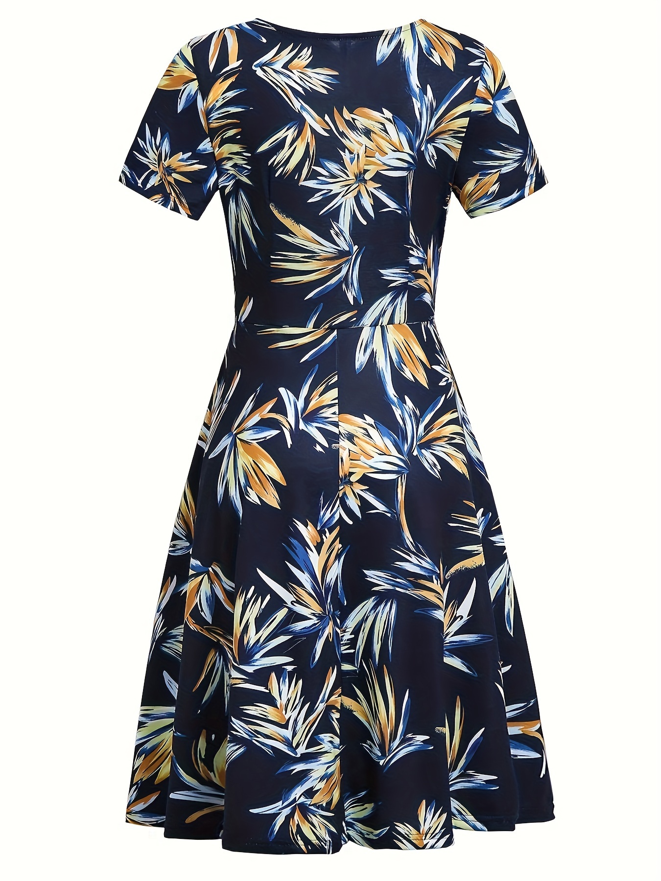 floral print ring linked a line dress elegant surplice neck short sleeve dress for spring summer womens clothing navy blue 1