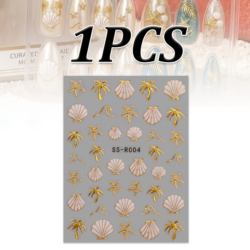 Image of And Golden 3d Embossed Nail Stickers Featuring Seashells, Waves, Starfish, And Elements, A Vacation Nail .