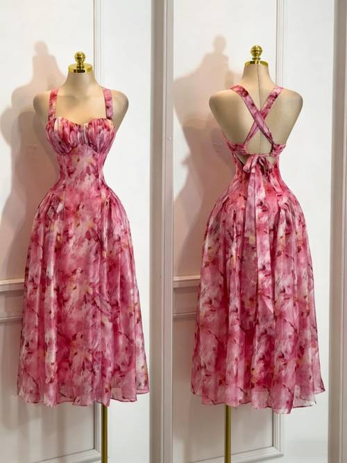 womens elegant and fashionable floral print dress halter neck backless waist cinching long dress