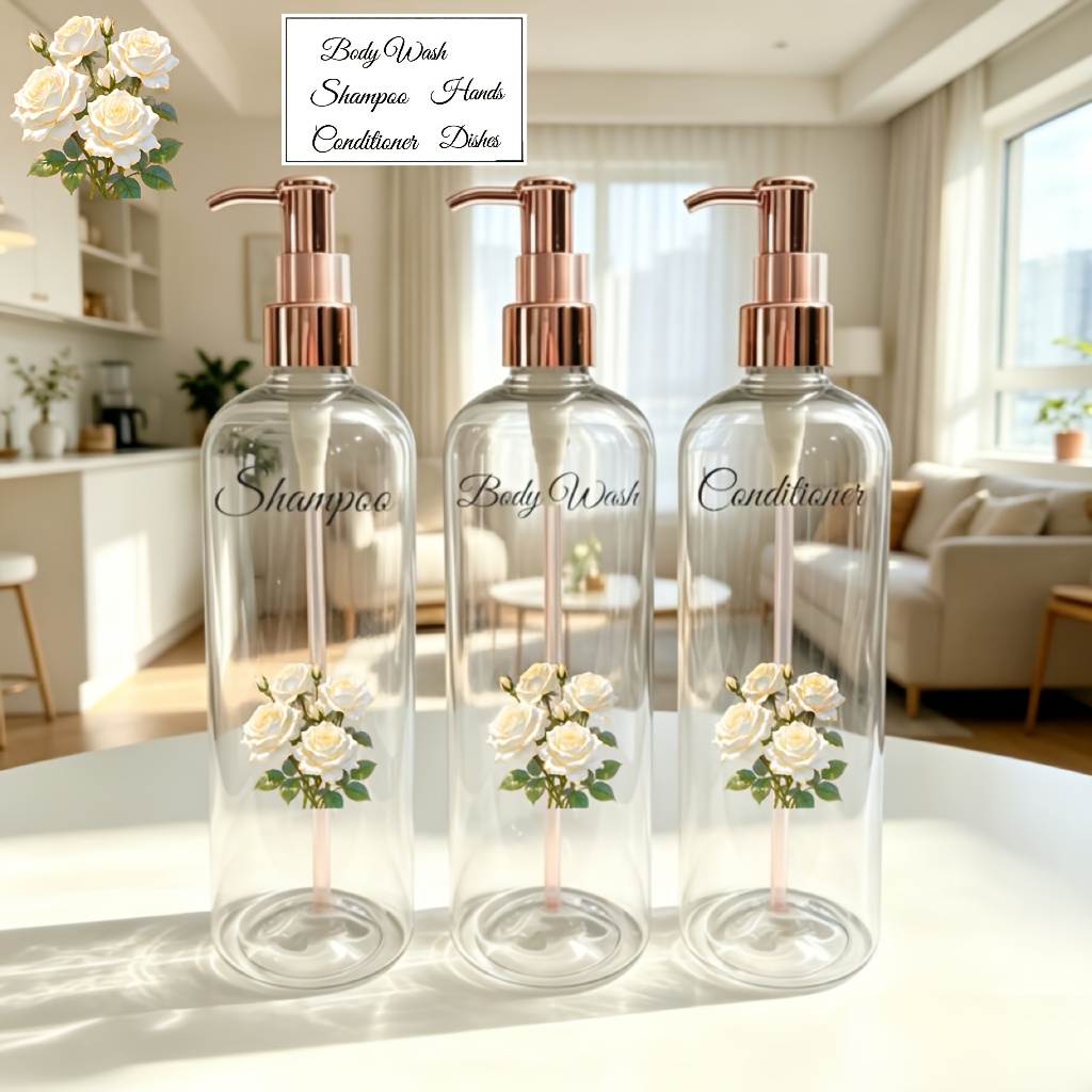 TEMU 2026 New 3pcs-500ml/16.9oz Rose Golden Lid Round Shoulders Premium Bathroom Dispenser Set - Refillable Soap Dispenser For Bathroom Dish Soap