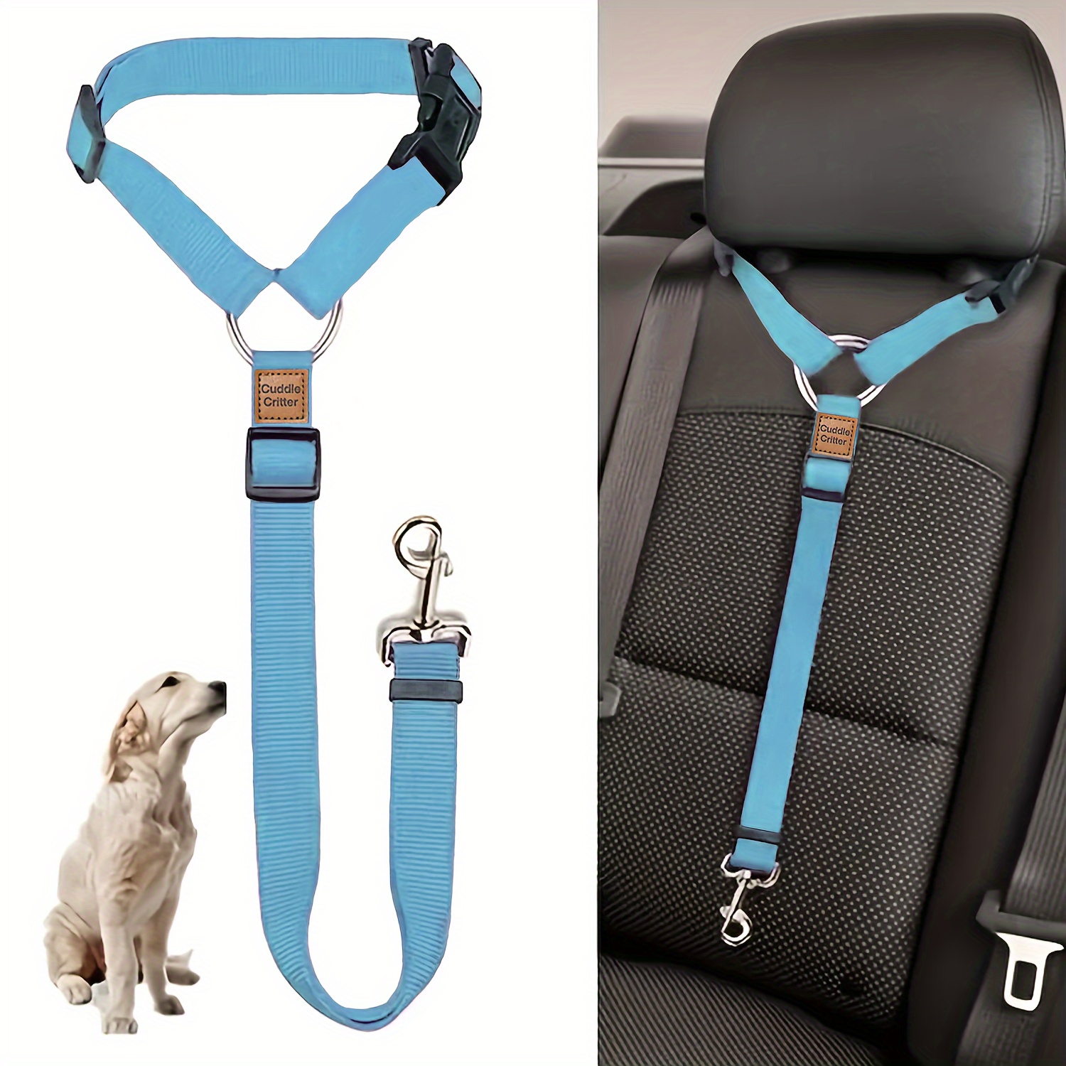 

Adjustable Nylon Pet Car Seat Belt With Leash - Secure & Comfortable Travel Harness For Dogs And Cats - Machine Washable, Blue With Metal & Ring - Rear Seat Safety