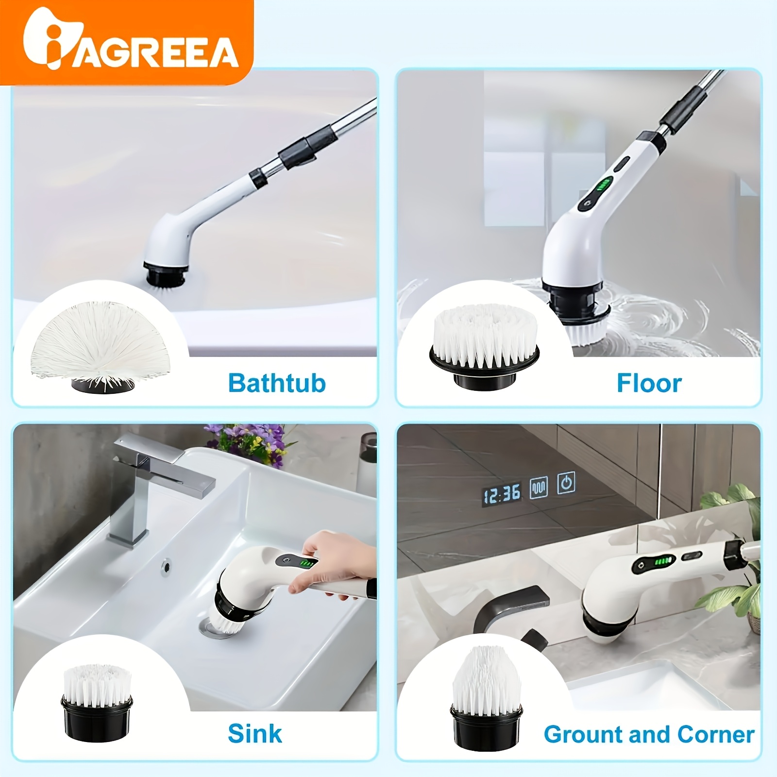 electric rotating cleaner a cordless cleaning brush for home use features two cleaning     with 8 interchangeable brush heads and an adjustable extended handle allowing for 360 degree wireless cleaning of bathrooms bathtubs showers car windows tiles and floors   with a usb c charging cable Product details 1