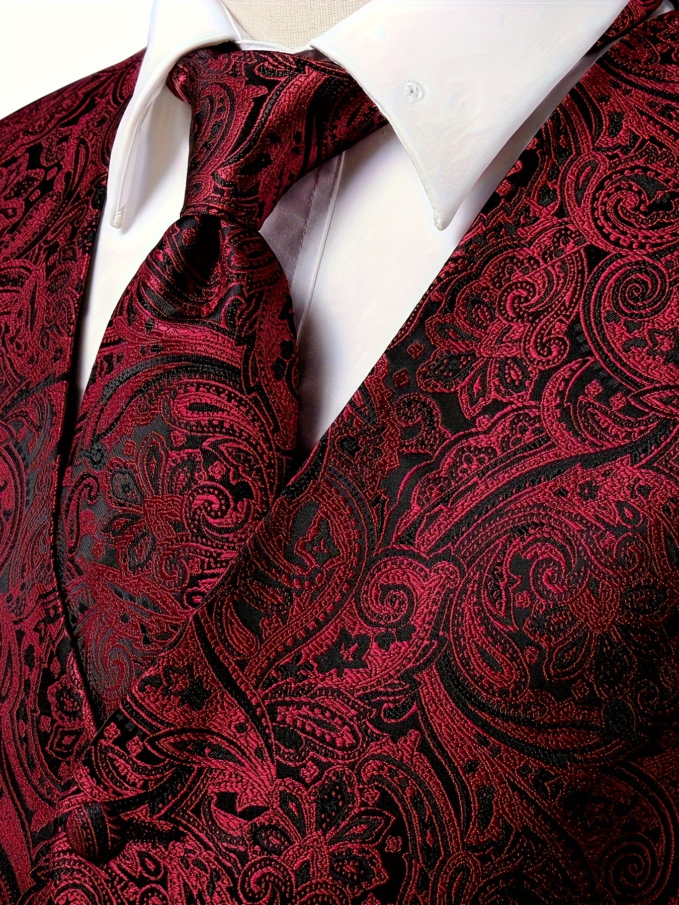 Men'S Elegant V-Neck Polyester Vest Set with Tie, Handkerchief & Cufflinks for Wedding Party - All-Season Motif Cachemire Pattern, Regular Fit, Woven Fabric, Button Detail