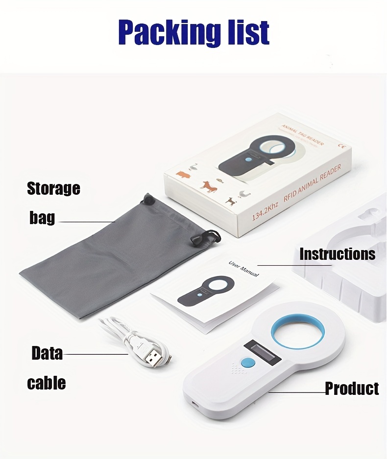 1pc Animal Tag Reader RFID Reader Animal Chip Scanner Pet Chip Reader Ear Tag Scanner Animal Tag Card Reader Dog Cat Cow Sheep Pet Identity Recognition Device