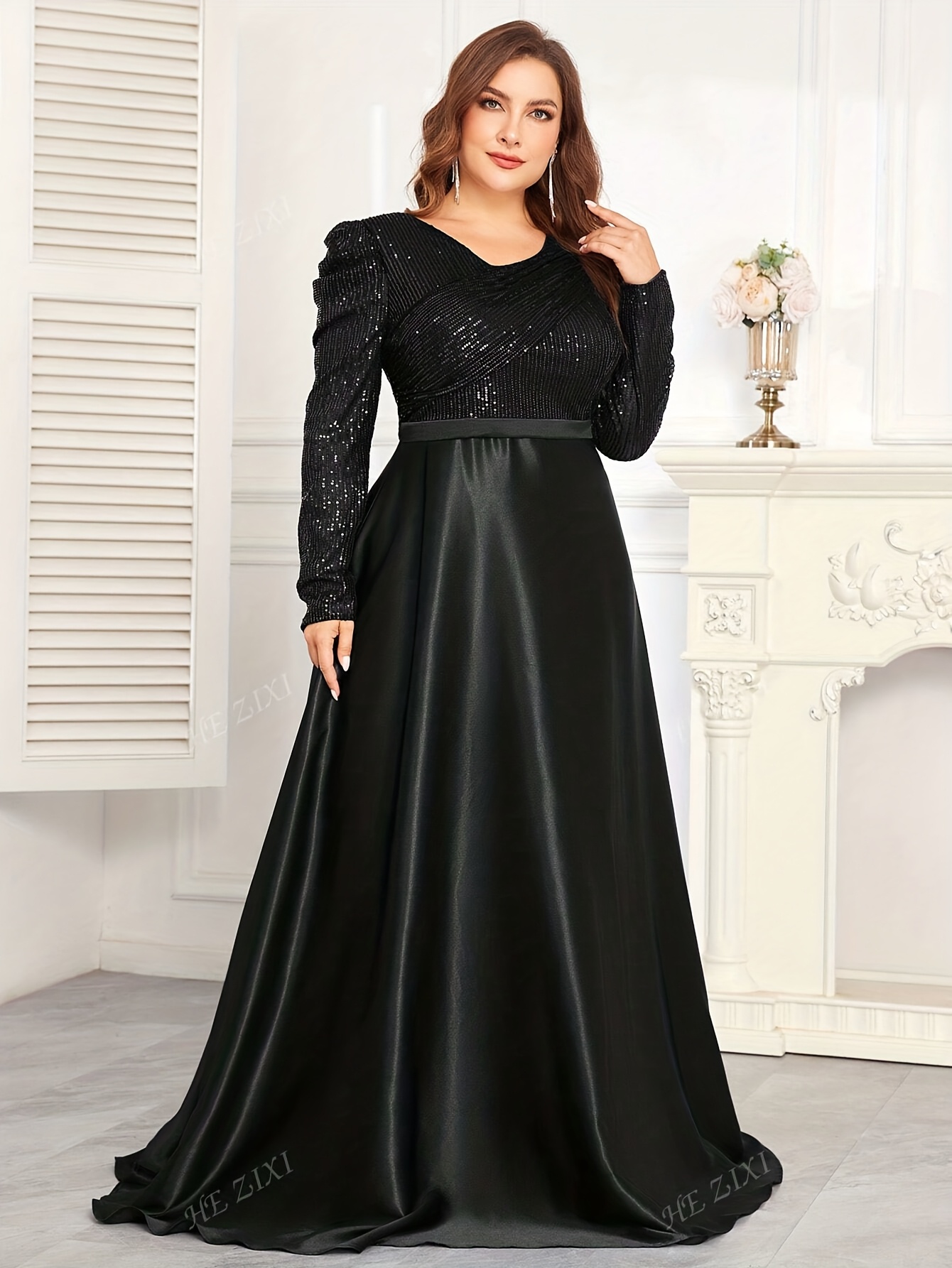plain long sleeve dress Scoop Neck Satin Floor Length Black Long Sleeve Open Back Prom Dress US4 / Custom Color