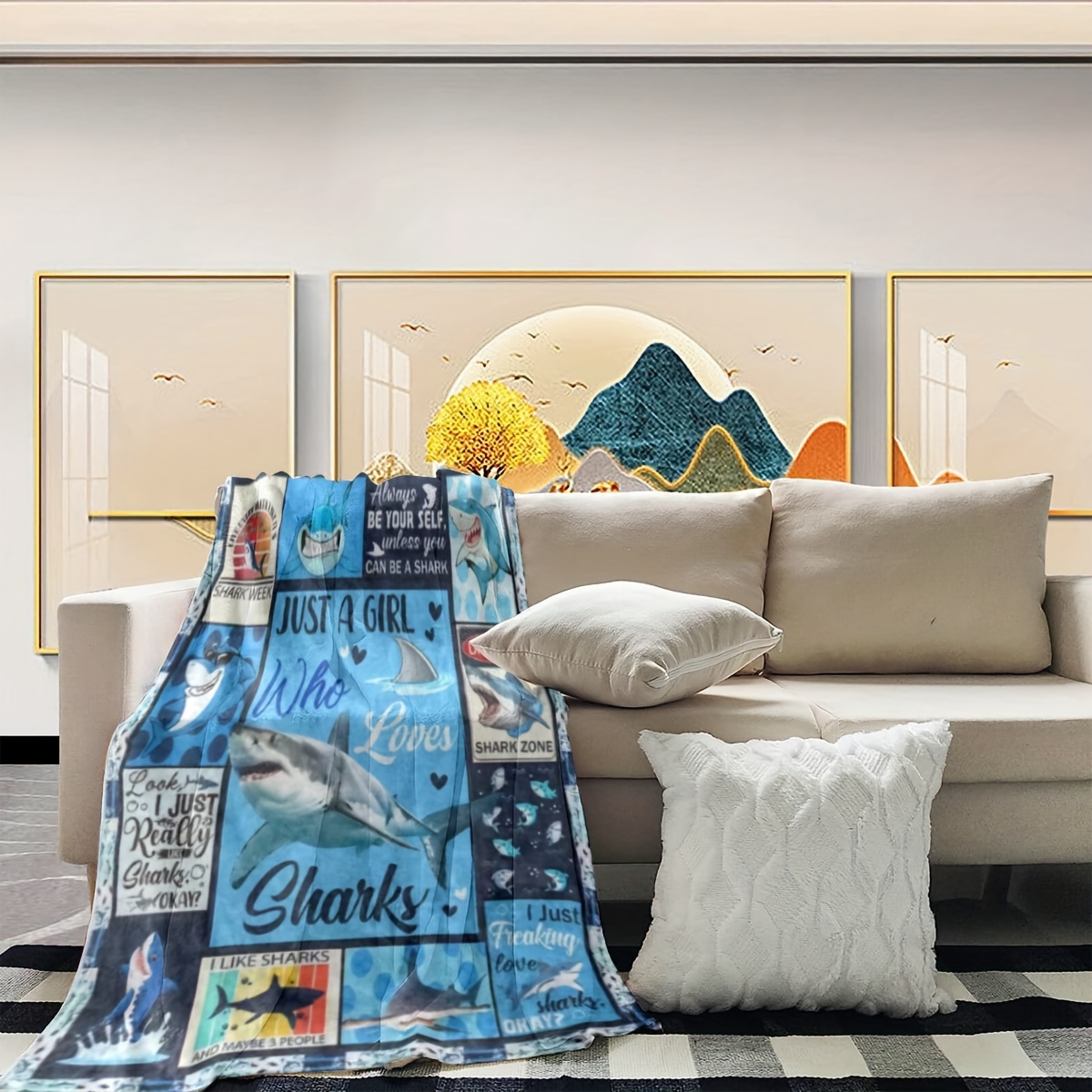 shark print fleece throw blanket cartoon ocean animal design