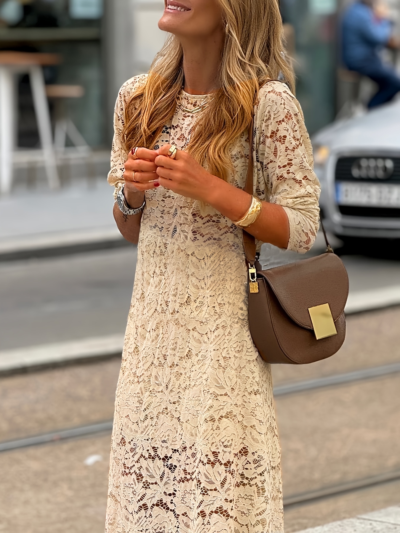 summer fashion womens dress with contrast lace splicing semi sheer round neck long sleeve versatile elegant outerwear for middle eastern and european styles apricot 3