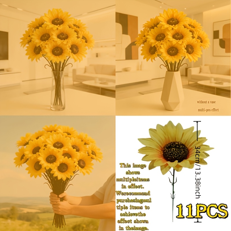 TEMU 11pcs Set Of Large Artificial Sunflowers, Maintenance-free, Bridal Wedding Artificial Flower Bouquet, Wedding Photography Props, Forest-style