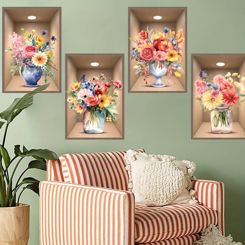 4pcs Classic Floral Vase Wall Decals, Pvc Self-adhesive Removable Stickers For Bedroom, Living Room, Study - Single Use Rectangle Flower Pattern Home Wall Decor