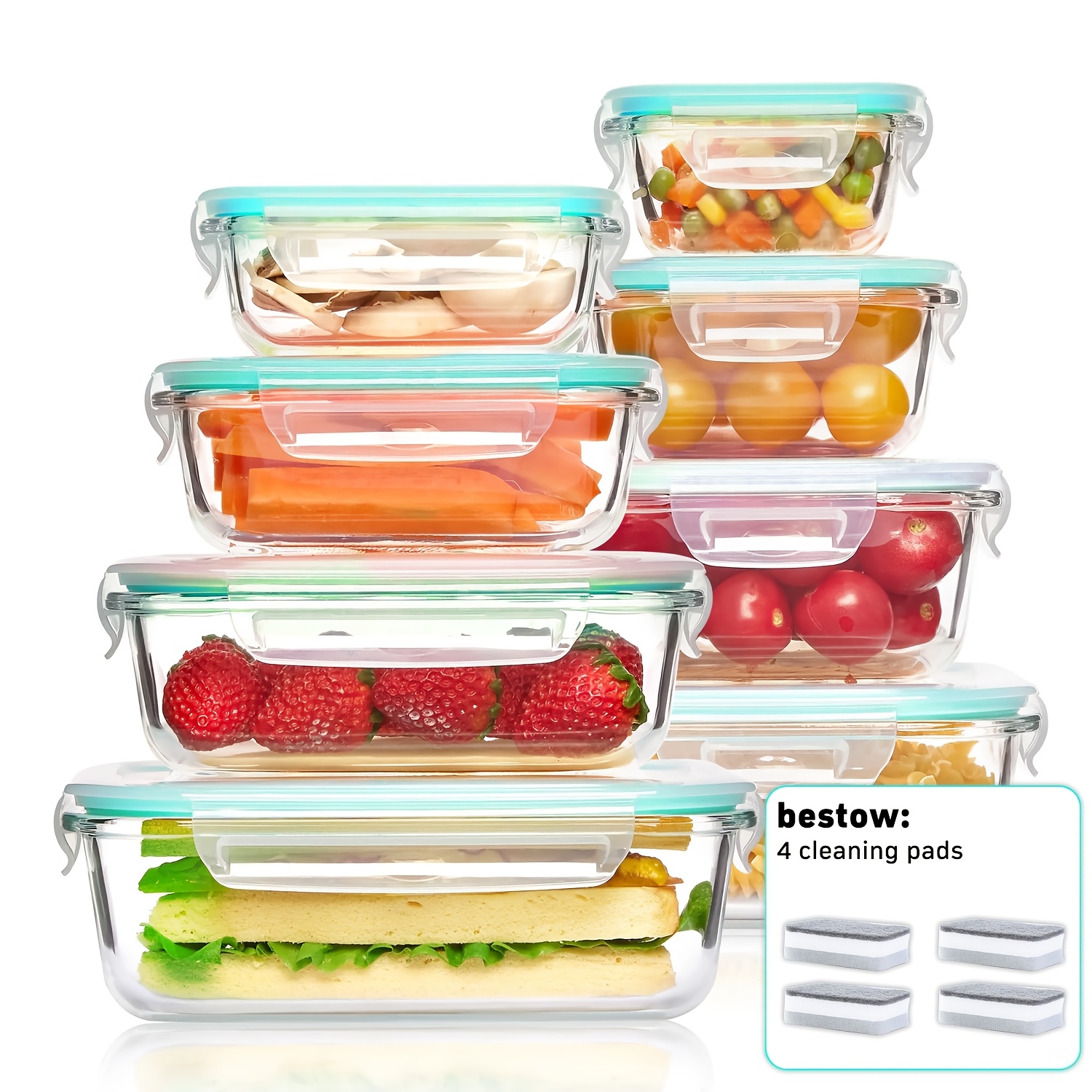 16pcs airtight glass food storage containers outdoor picnic lunch box microwave oven   salads fruits vegetables and sandwiches airtight storage food storage containers 8 lids 8 containers   with cleaning pads
