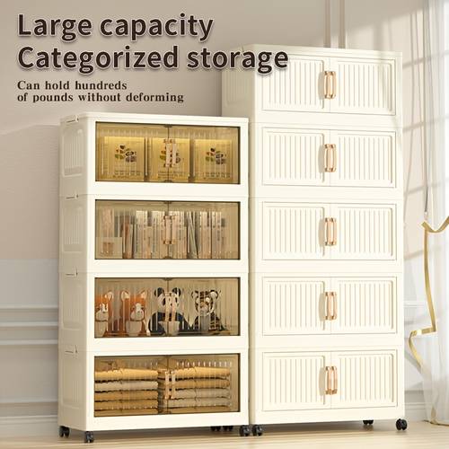 stackable foldable storage cabinet large capacity organizer with wheels multi doors pp material for home bedroom living room kitchen storage