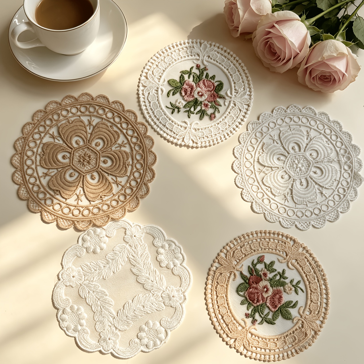 TEMU 5pcs Vintage Floral Embroidery Lace Coasters, Round Hollow Crochet Placemats, Handmade Fabric Heat-resistant Cups Mats, Vase Bedside Table Decor