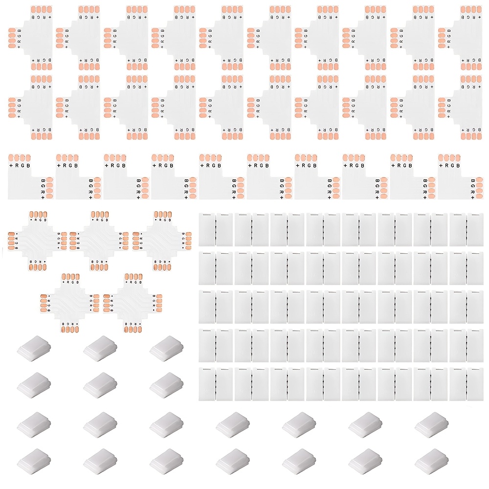 TEMU Un ensemble de 95 connecteurs de bande LED à 4 broches de 10 mm soudure, comprenant des clips de montage adhésifs et des découpables de T, L et