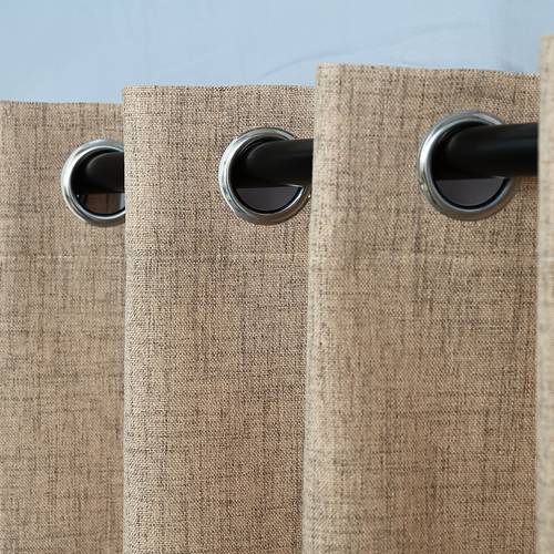 objektbild japansk gardin med linne-textur, metallöljetter, svart mörkläggande värmegardin för sovrum, naturlig jute-färg, klassisk och mångsidig