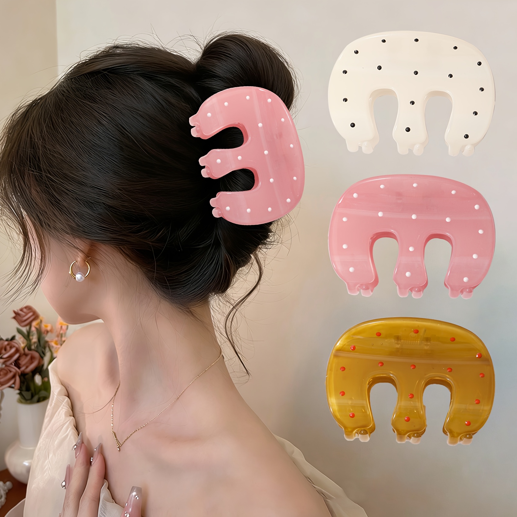 TEMU 3pcs Pumpkin Claw Clip, Easy Solid Color Hairpin, Small Polka Dot Solid Color Plastic Material Hair Claw Clip, Suitable For Daily And Parties